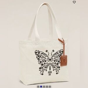 Anna Sui White Canvas Tote with Black Butterfly Motif and Brown Tag